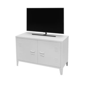 Meuble TV blanc style industriel avec 2 portes en métal 100x40xH53cm