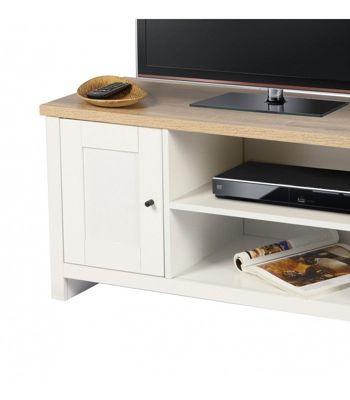 meuble tv bois et blanc 2 étagères et 1 porte - 95x40x49cm