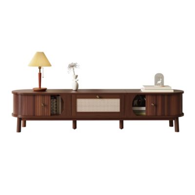 Meuble TV bois naturel/rotin portes/tiroirs rangement style rustique
