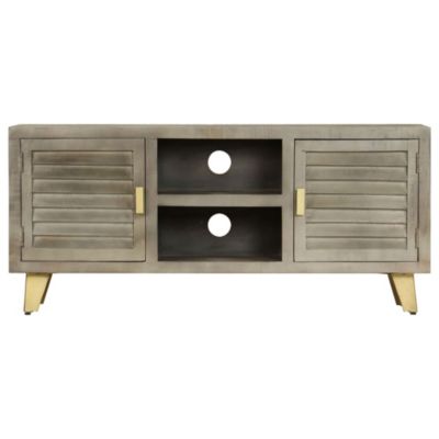 Meuble TV Bois solide de manguier Gris avec laiton 110x30x48 cm - Prolenta Premium