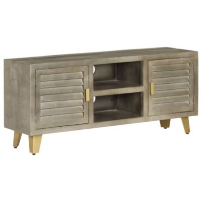 Meuble TV Bois solide de manguier Gris avec laiton 110x30x48 cm - Prolenta Premium