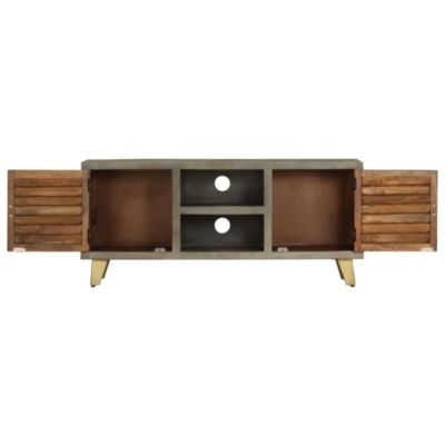 Meuble TV Bois solide de manguier Gris avec laiton 110x30x48 cm - Prolenta Premium