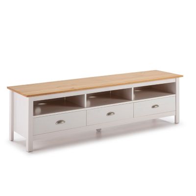 Meuble TV Bora Bora 3 tiroirs, Fabriqué en Bois de pin Massif, Blanc, 158 cm