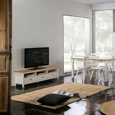 Meuble TV Bora Bora 3 tiroirs, Fabriqué en Bois de pin Massif, Blanc, 158 cm