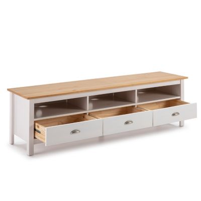 Meuble TV Bora Bora 3 tiroirs, Fabriqué en Bois de pin Massif, Blanc, 158 cm