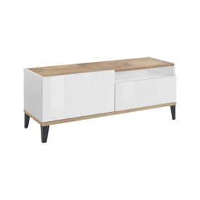 Meuble TV Bryan, Buffet bas de salon, Base pour meuble TV, 100% Made in Italy, 120x40h47 cm, Blanc brillant et Erable