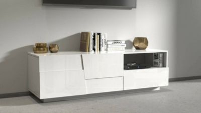 Meuble TV Cecia, Buffet bas de salon avec 2 portes et 1 tiroir, Base meuble TV, 150x44h46 cm, Blanc brillant