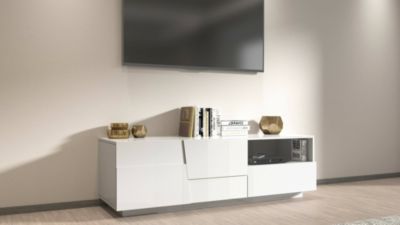 Meuble TV Cecia, Buffet bas de salon avec 2 portes et 1 tiroir, Base meuble TV, 150x44h46 cm, Blanc brillant