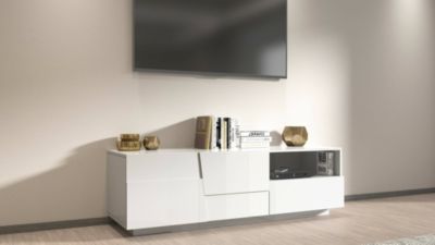 Meuble TV Cecia, Buffet bas de salon avec 2 portes et 1 tiroir, Base meuble TV, 150x44h46 cm, Blanc brillant