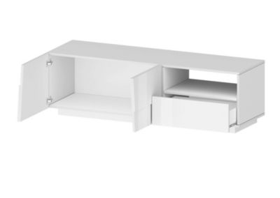 Meuble TV Cecia, Buffet bas de salon avec 2 portes et 1 tiroir, Base meuble TV, 150x44h46 cm, Blanc brillant