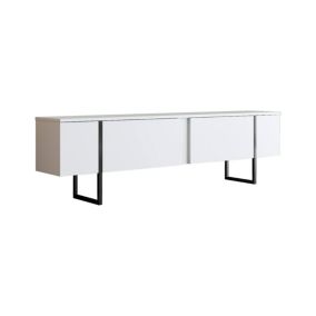 Meuble TV Centaurus, Buffet de salon, Armoire basse pour TV, Base murale de rangement, 180x30h50 cm, Blanc et Noir