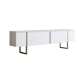 Meuble TV Centaurus, Buffet de salon, Armoire basse pour TV, Base murale de rangement, 180x30h50 cm, Blanc et Or