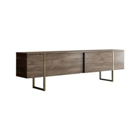 Meuble TV Centaurus, Buffet de salon, Armoire basse pour TV, Base murale de rangement, 180x30h50 cm, Noyer et Or