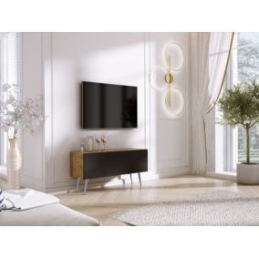 Meuble TV : Chêne Wotan/Noir Mat, Pieds Chromés, 100 x 52 x 32 cm