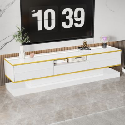 Meuble TV - Éclairage LED Multicolore, 3 Tiroirs et Étagère Ouverte, Finition Haute Brillance pour Salon - 180x38x45 cm - Blanc