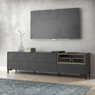 Meuble TV décor béton gris chêne clair et pieds métal noir - MADDY