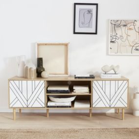 Meuble TV décor bois & blanc - Mika - 2 niveaux. 3 étagères. 2 portes. L 160 x l 40 x H 56cm