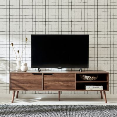 Meuble TV décor bois de noyer. 2 portes. 1 étagère. 160cm