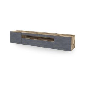 Meuble TV Dafrim, Buffet bas de salon avec 3 portes, Base pour meuble TV, 200x40h37 cm, Erable et Ardoise, avec lumière LED