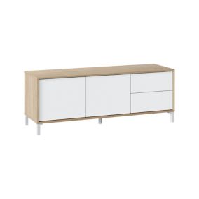 Meuble TV Dayha, Buffet pour télévision avec 2 portes, Meuble TV de salon, Buffet pour salon, 130x41h47 cm, Chêne et Blanc