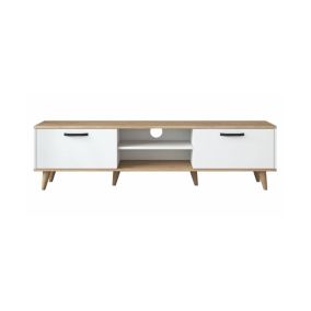 Meuble TV Dcastigli, Buffet de salon, Armoire basse pour TV, Base murale de rangement, 180x35h49 cm, Blanc et Noyer