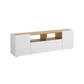 Meuble TV Dcotal, Buffet bas de salon, Buffet de salon pour télévision, 142x35h44 cm, Blanc et Chêne Noeud