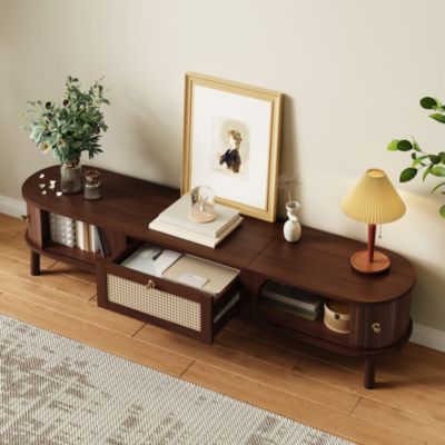 Meuble TV de Rotin avec Portes Pleines et Tiroirs - design Rustique Moderne, Bois et Panneau de Particules, Naturel, 170x40x38 cm