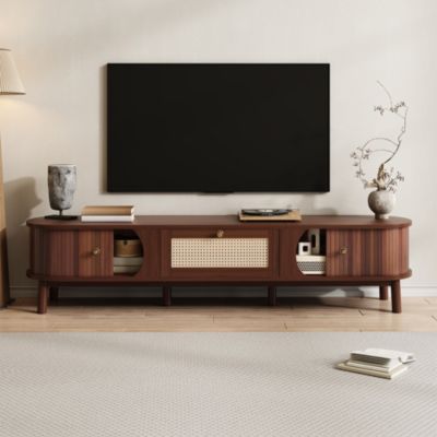 Meuble TV de Rotin avec Portes Pleines et Tiroirs - design Rustique Moderne, Bois et Panneau de Particules, Naturel, 170x40x38 cm