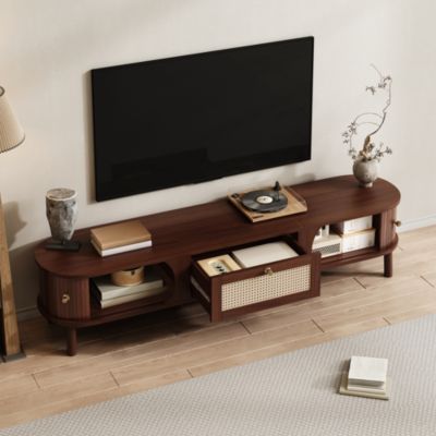 Meuble TV de Rotin avec Portes Pleines et Tiroirs - design Rustique Moderne, Bois et Panneau de Particules, Naturel, 170x40x38 cm