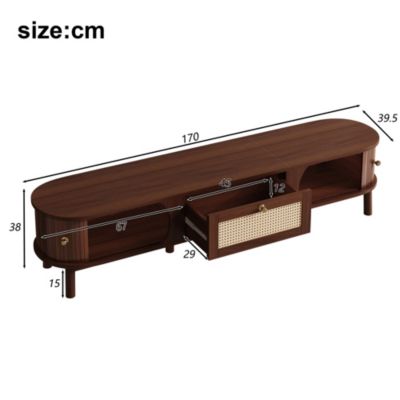 Meuble TV de Rotin avec Portes Pleines et Tiroirs - design Rustique Moderne, Bois et Panneau de Particules, Naturel, 170x40x38 cm