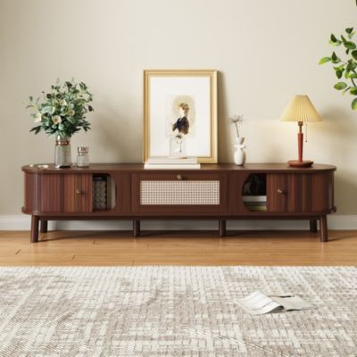 Meuble TV de Rotin avec Portes Pleines et Tiroirs - design Rustique Moderne, Bois et Panneau de Particules, Naturel, 170x40x38 cm
