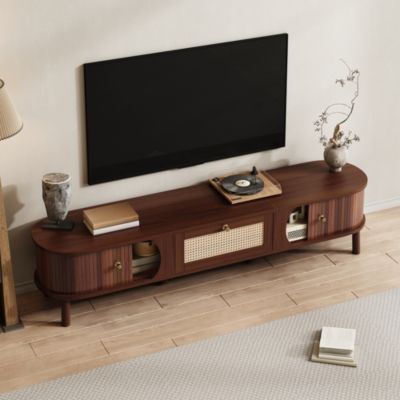 Meuble TV de Rotin avec Portes Pleines et Tiroirs - design Rustique Moderne, Bois et Panneau de Particules, Naturel, 170x40x38 cm