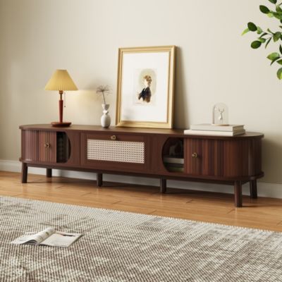 Meuble TV de Rotin avec Portes Pleines et Tiroirs - design Rustique Moderne, Bois et Panneau de Particules, Naturel, 170x40x38 cm