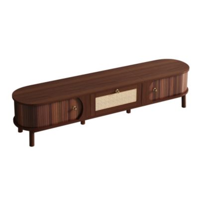 Meuble TV de Rotin avec Portes Pleines et Tiroirs - design Rustique Moderne, Bois et Panneau de Particules, Naturel, 170x40x38 cm
