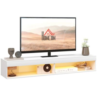 Meuble TV design LED suspendu mural - 75 pouces max. - 2 niches - dim. 180L x 40l x 30H cm - aspect bois blanc