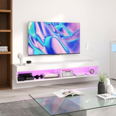 Meuble TV design LED suspendu mural - 75 pouces max. - 2 niches - dim. 180L x 40l x 30H cm - aspect bois blanc