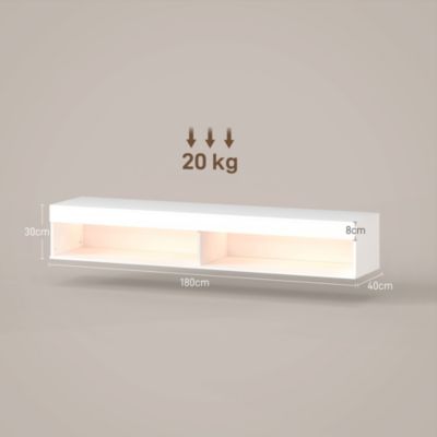 Meuble TV design LED suspendu mural - 75 pouces max. - 2 niches - dim. 180L x 40l x 30H cm - aspect bois blanc