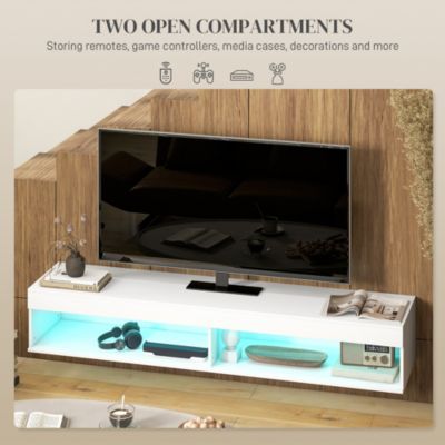 Meuble TV design LED suspendu mural - 75 pouces max. - 2 niches - dim. 180L x 40l x 30H cm - aspect bois blanc
