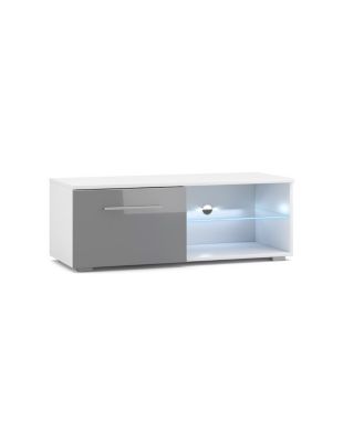 Meuble TV design LEON II 100 cm, 1 porte et 2 niches, coloris blanc et gris brillant+ LED
