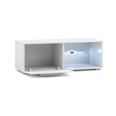 Meuble TV design LEON II 100 cm, 1 porte et 2 niches, coloris blanc et gris brillant+ LED