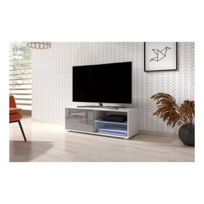 Meuble TV design LEON II 100 cm, 1 porte et 2 niches, coloris blanc et gris brillant+ LED