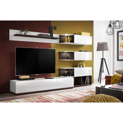 Meuble TV Design "Silk" 240cm Blanc & Naturel