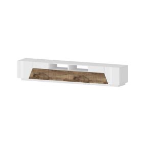 Meuble TV Dfagiol, Buffet bas de salon avec 4 portes, Base pour meuble TV, 260x43h46 cm, Blanc brillant et érable