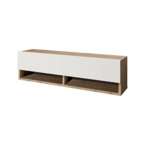 Meuble TV Dfantin, Buffet de salon, Armoire basse pour TV, Base murale de rangement, 100x32h29 cm, Chêne et Blanc