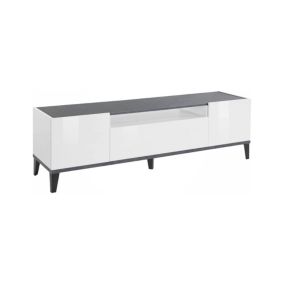 Meuble TV Dfigol, Buffet bas de salon avec 2 portes, Base pour meuble TV, 160x40h47 cm, Blanc brillant et ardoise