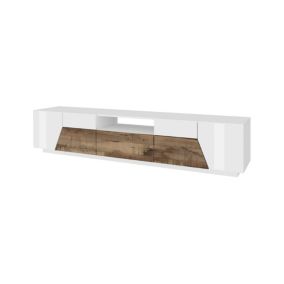 Meuble TV Dfilipp, Buffet bas de salon, Base pour meuble TV, 100% Made in Italy, 220x43h46 cm, Blanc brillant et érable