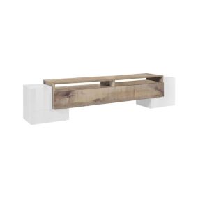 Meuble TV Dfinard, Buffet bas de salon, Base pour meuble TV, 100% Made in Italy, 210x45h45 cm, Blanc brillant et Erable