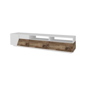 Meuble TV Dlamm, Buffet bas de salon avec 2 portes, Base pour meuble TV, 200x43h46 cm, Blanc brillant et érable