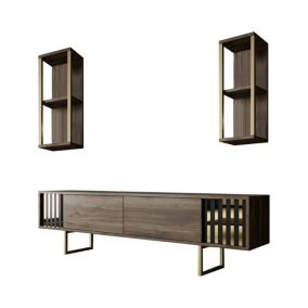 Meuble TV Dliveran, Buffet de salon, Armoire basse pour TV, Base murale de rangement, 180x30h48 cm, Noyer et Noir