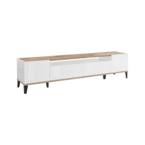 Meuble TV Dmaigna, Buffet bas de salon avec 2 portes, Base pour meuble TV, 200x40h47 cm, Blanc brillant et érable